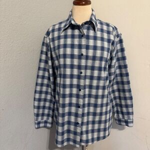 100% Heavy Cotton NorthCrest Women XL Blue White Plaid Button Down Flannel Shirt